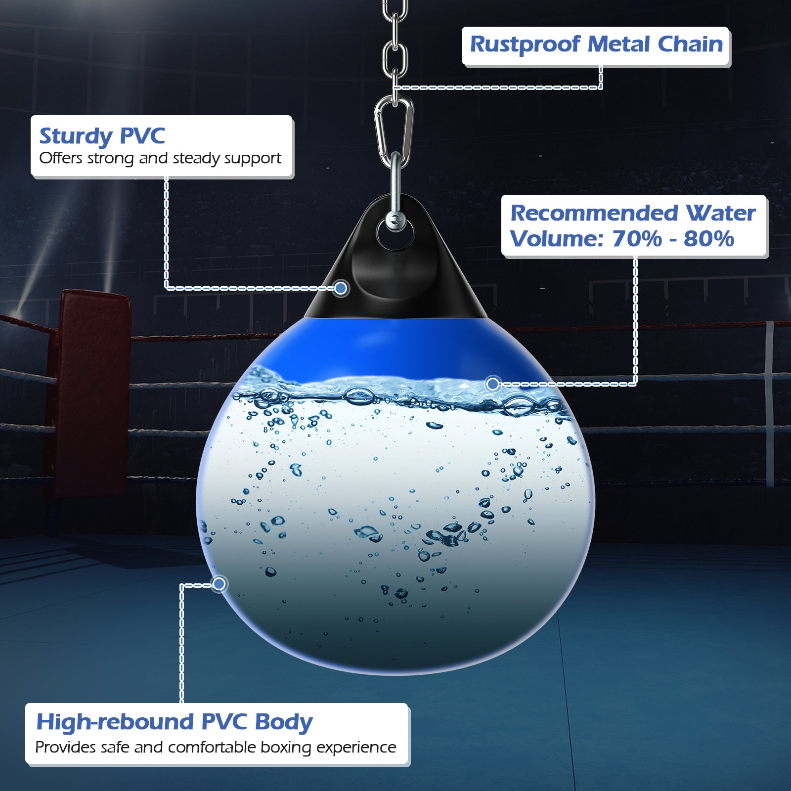 18 Inch 110 Pound Heavy Punching Water Aqua Bag with Adjustable Metal Chain-Blue