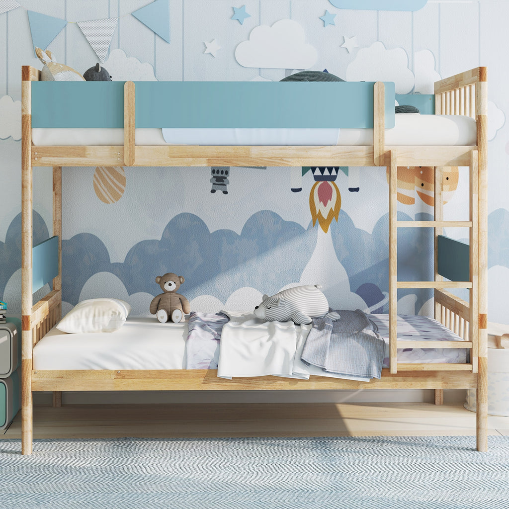 Twin Over Twin Bunk Bed with Ladder and Full-length Guardrails-Natural