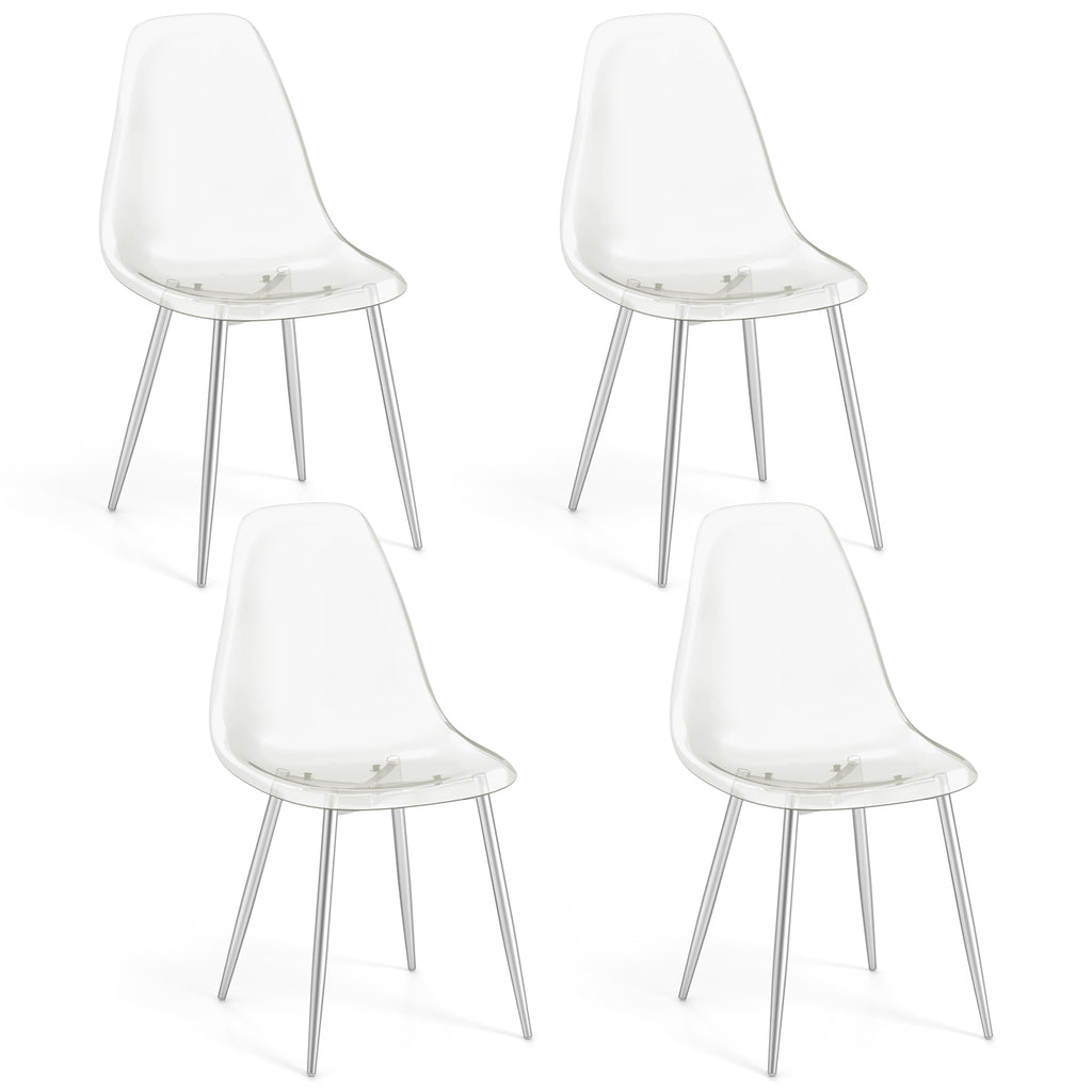 Set of 4 Dining Chairs Modern Plastic Shell Side Chair with Clear Seat and Wood Legs-Silver