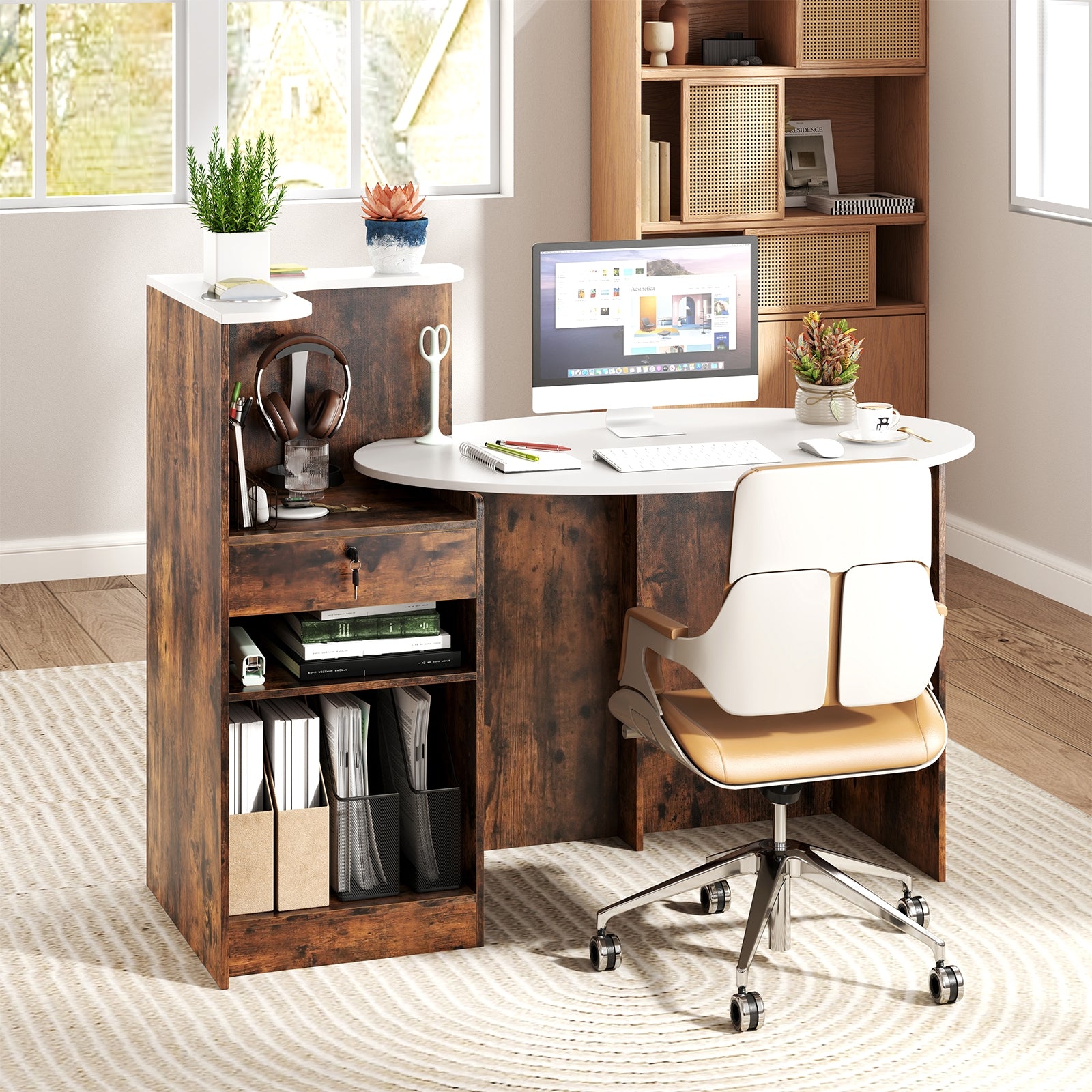 Modern Reception Desk Front Counter Desk with Oval Tabletop-Rustic Brown
