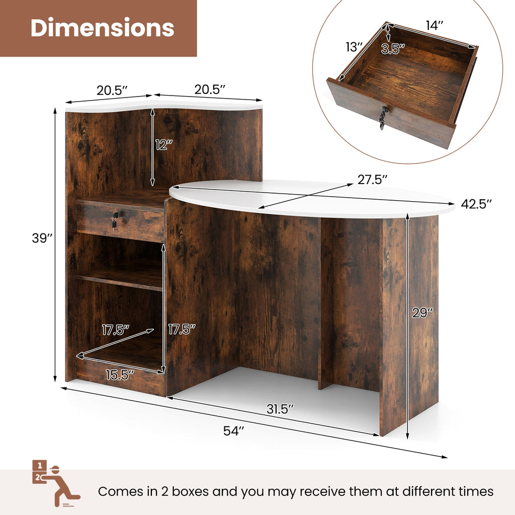 Modern Reception Desk Front Counter Desk with Oval Tabletop-Rustic Brown