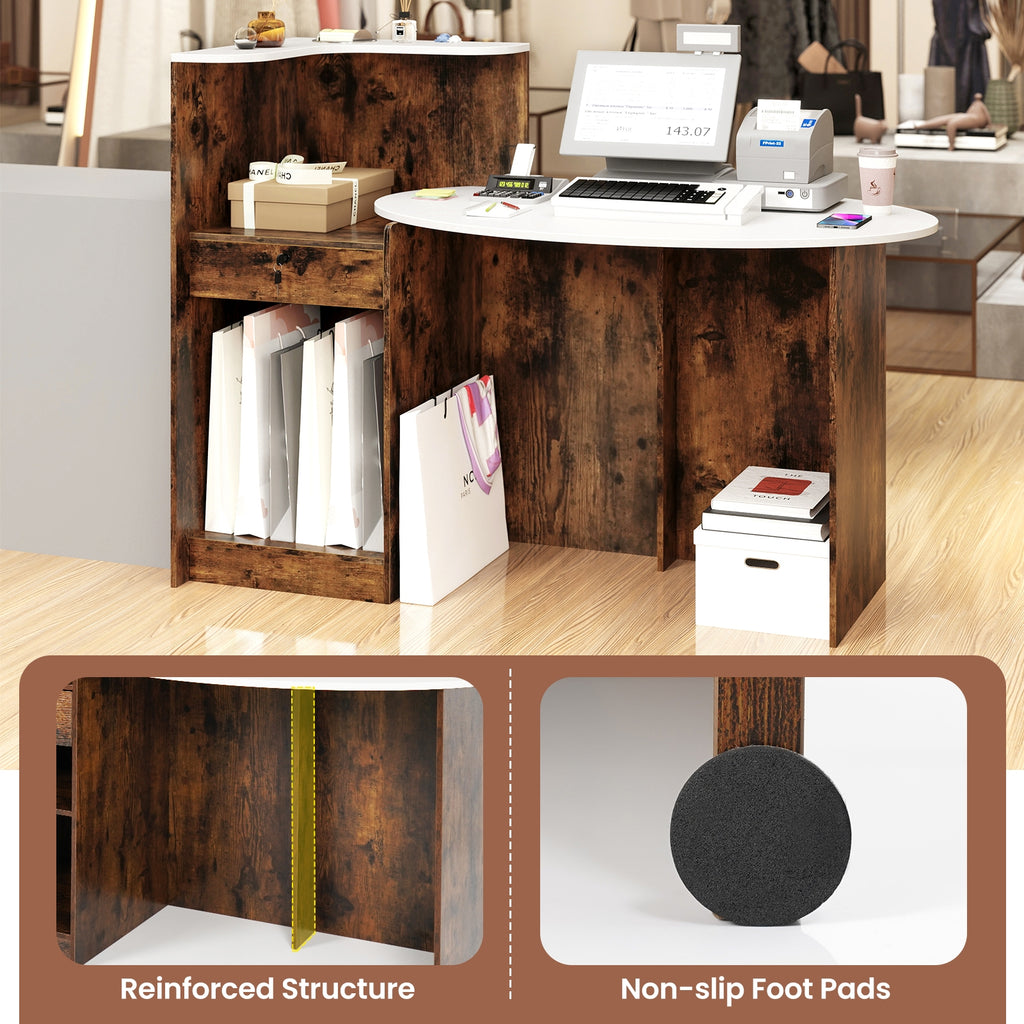 Modern Reception Desk Front Counter Desk with Oval Tabletop-Rustic Brown