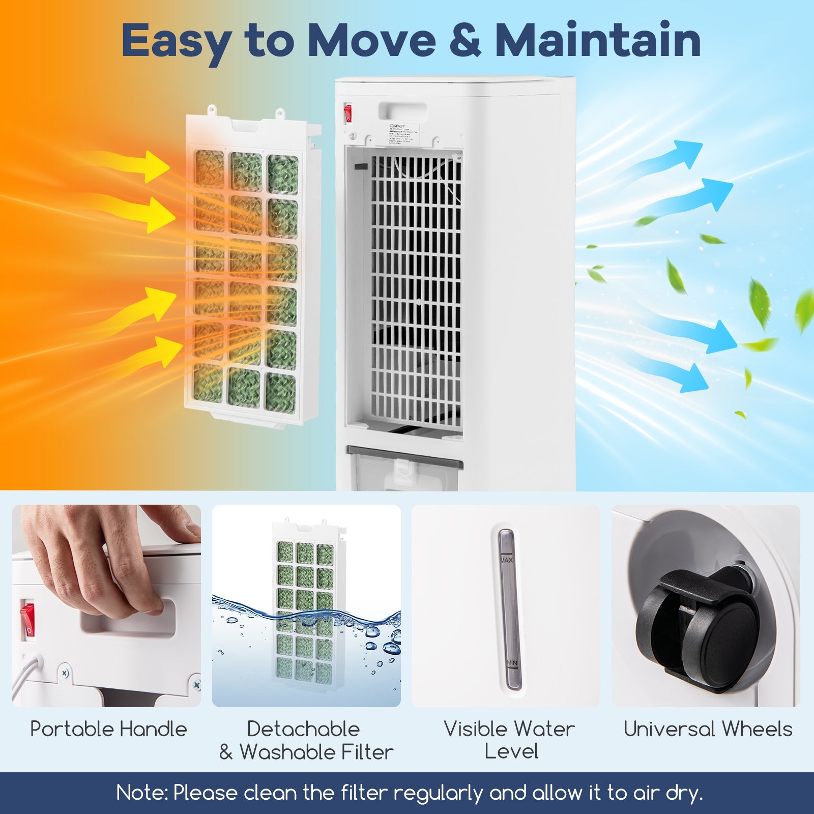 Evaporative Air Cooler and Heater with 3 Modes 3 Speeds and 2 Ice Boxes-White