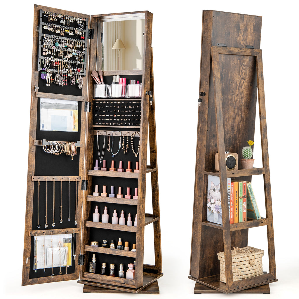 360° Swivel Jewelry Armoire Standing Jewelry Organizer with Full Length Mirror and Back Shelves-Rustic Brown