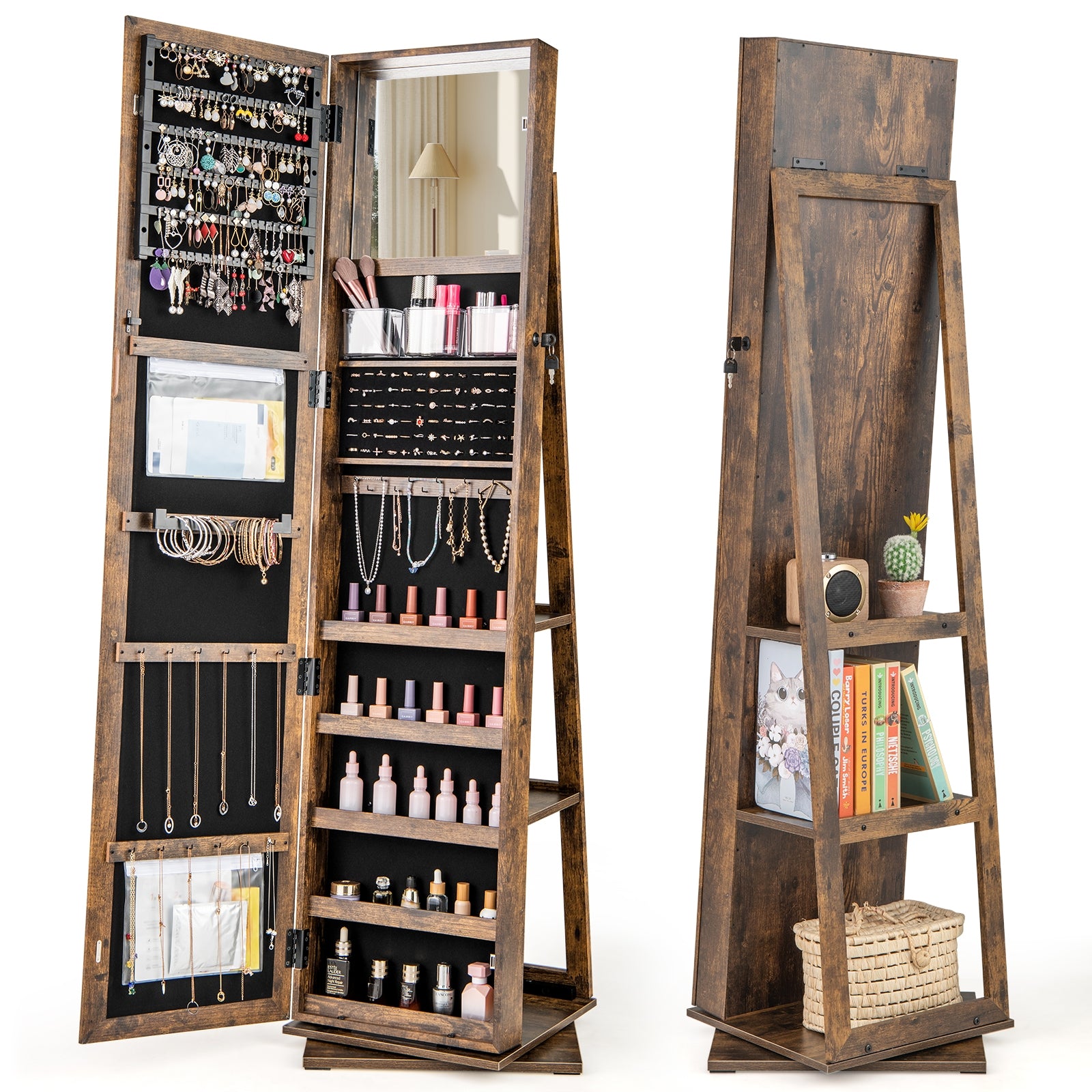360° Swivel Jewelry Armoire Standing Jewelry Organizer with Full Length Mirror and Back Shelves-Rustic Brown