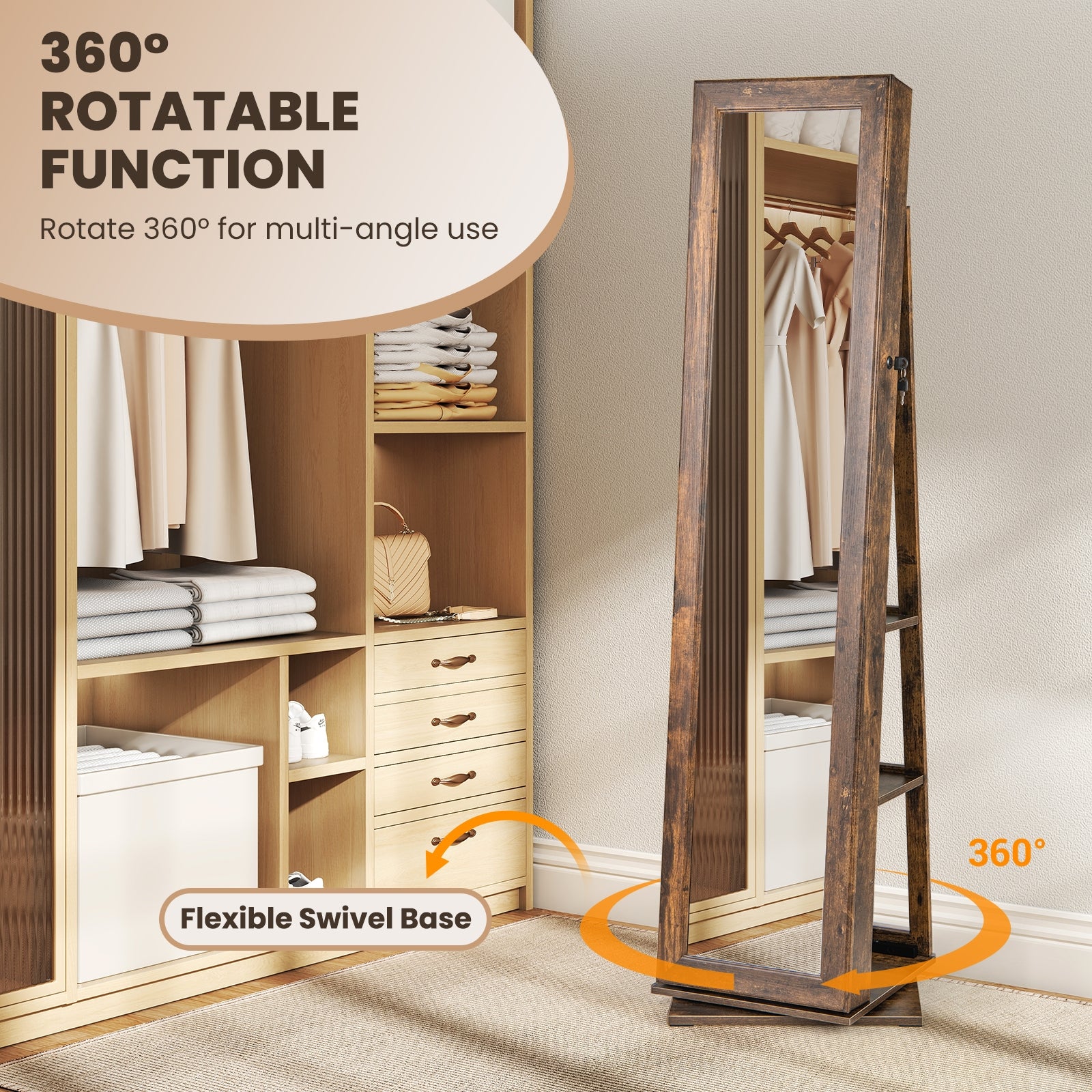 360° Swivel Jewelry Armoire Standing Jewelry Organizer with Full Length Mirror and Back Shelves-Rustic Brown