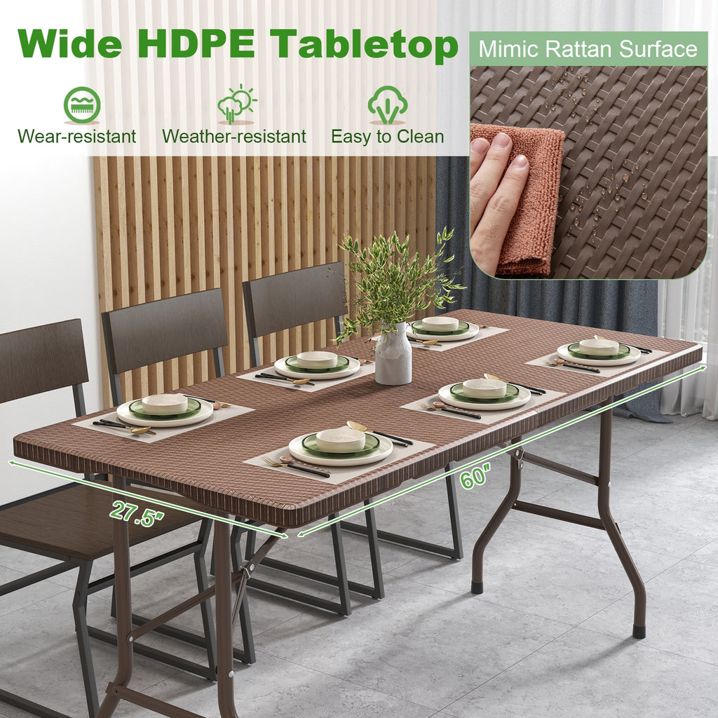 5FT Folding Picnic Table with Rattan Grain HDPE Tabletop and Sturdy Metal Fame-Coffee