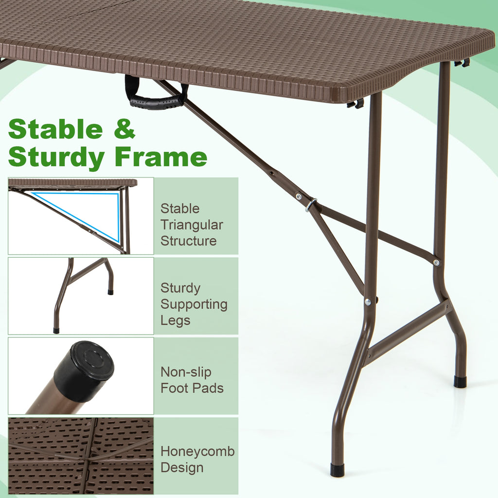 5FT Folding Picnic Table with Rattan Grain HDPE Tabletop and Sturdy Metal Fame-Coffee