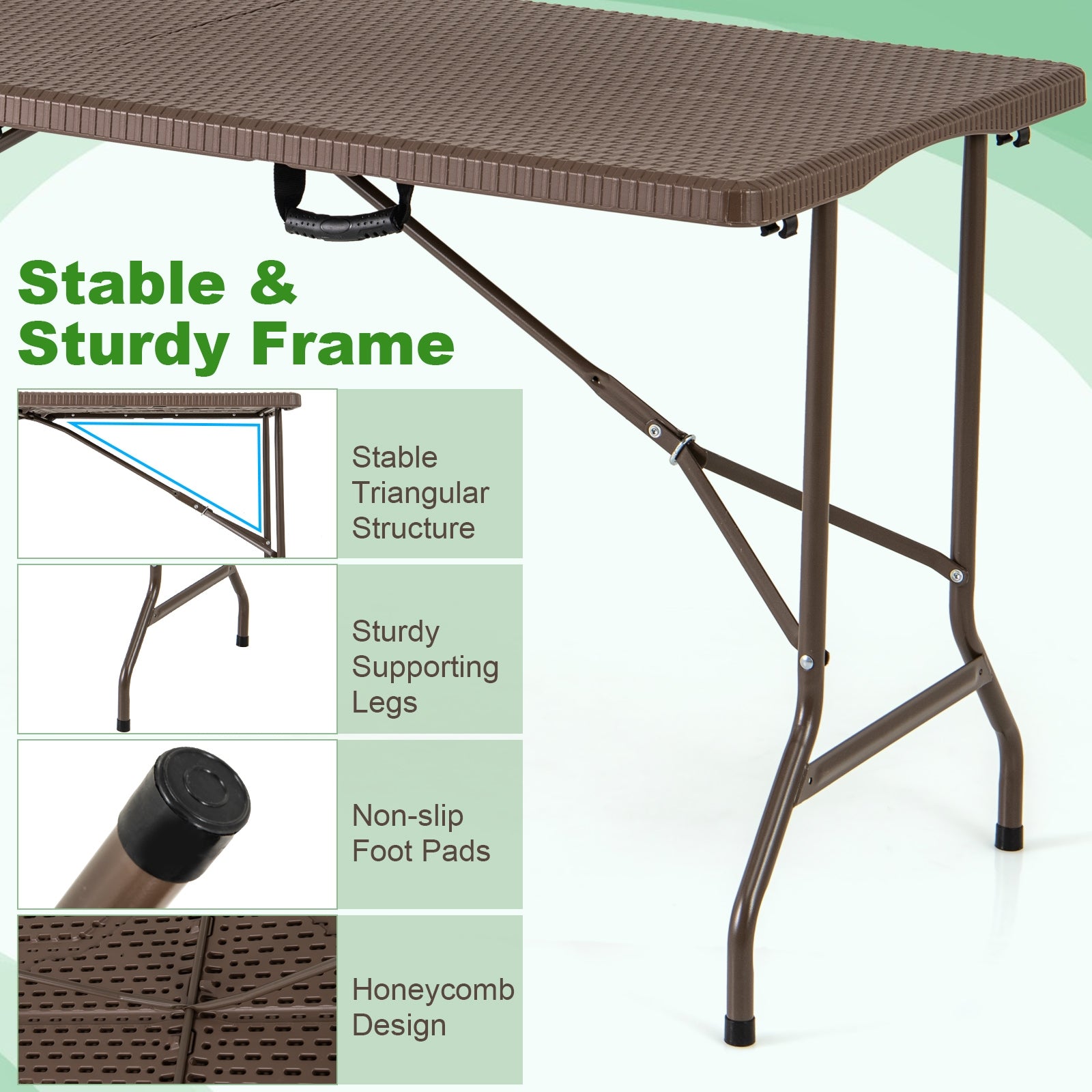 5FT Folding Picnic Table with Rattan Grain HDPE Tabletop and Sturdy Metal Fame-Coffee
