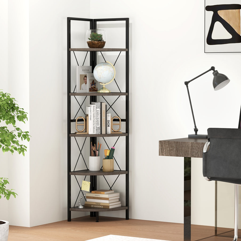 5-Tier Freestanding Corner Shelf 63 Inch Tall Storage Rack-Oak