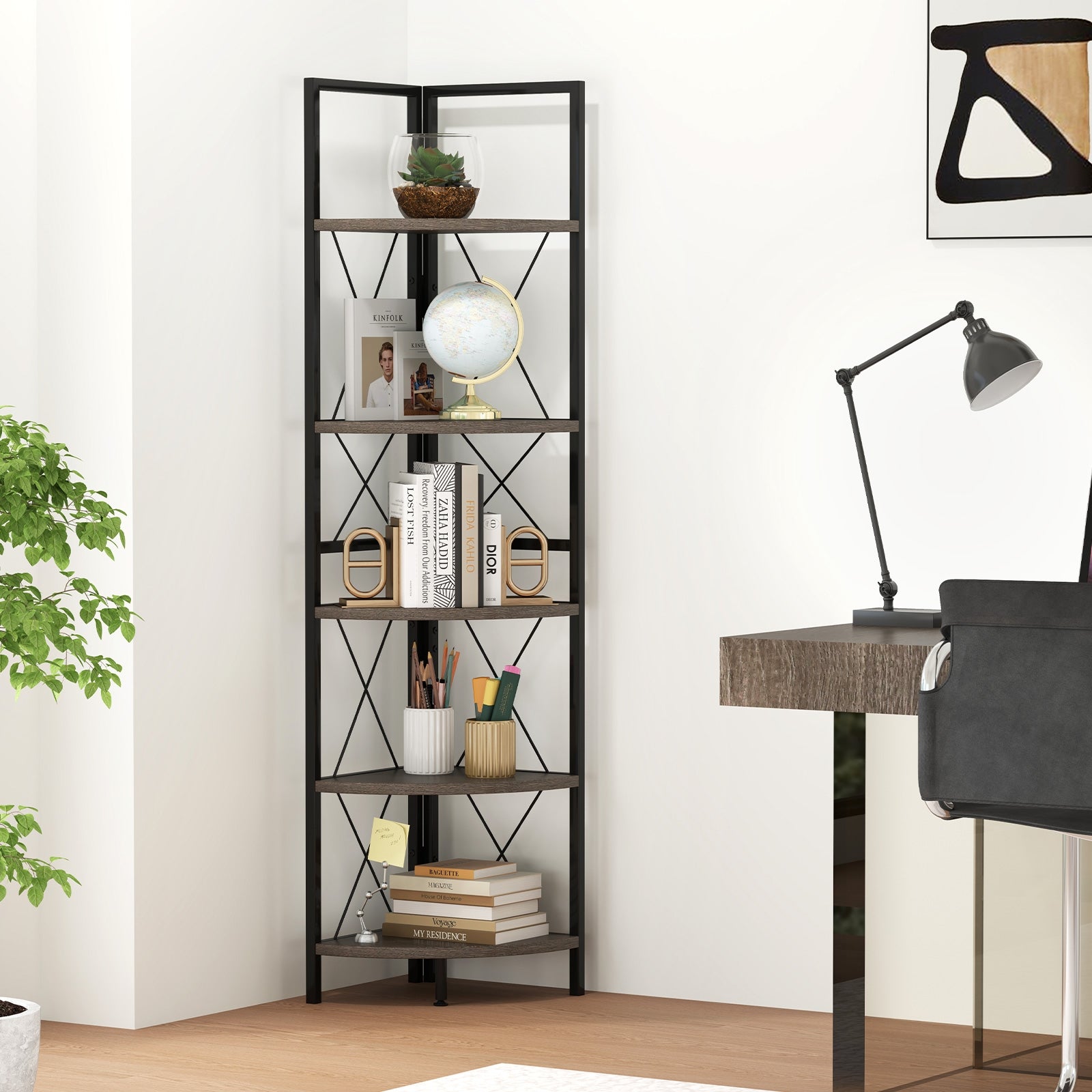 5-Tier Freestanding Corner Shelf 63 Inch Tall Storage Rack-Oak
