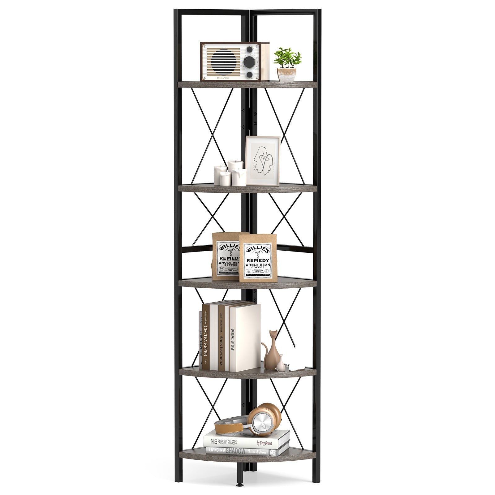 5-Tier Freestanding Corner Shelf 63 Inch Tall Storage Rack-Oak