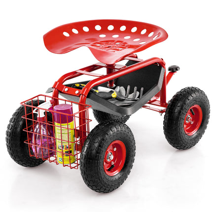 4-Wheel Rolling Garden Cart Work Seat-Red