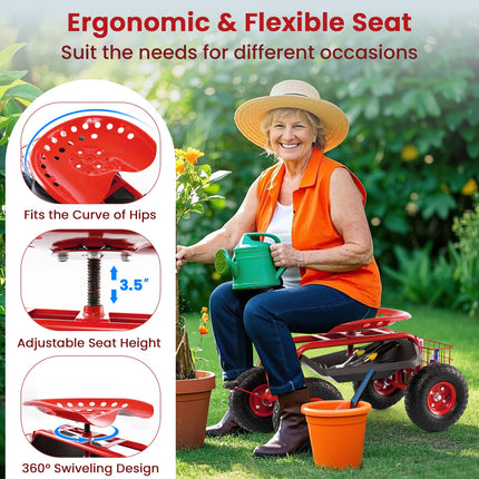 4-Wheel Rolling Garden Cart Work Seat-Red
