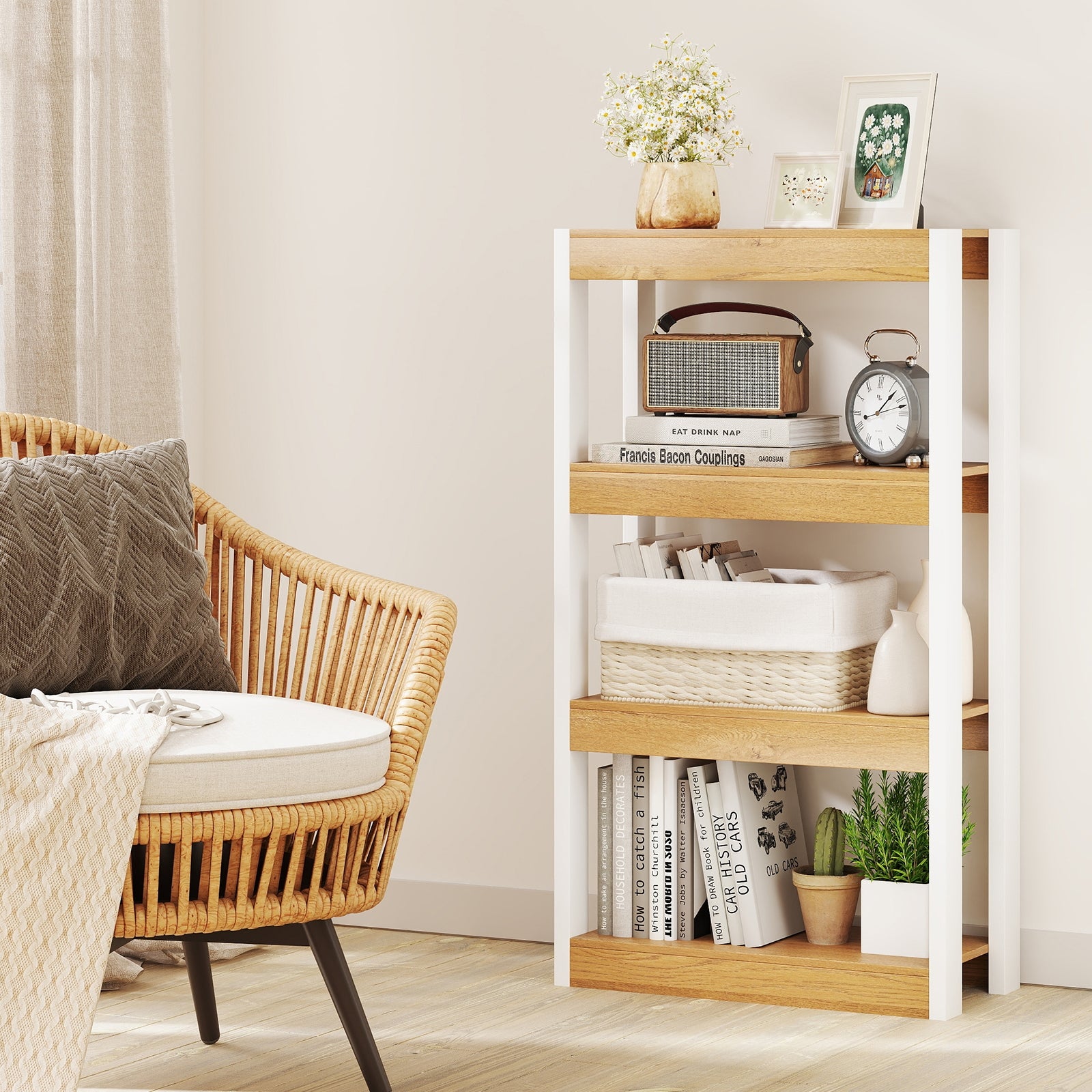 4 Tier Bookshelf Wooden Bookcase with Dual Anti-Tipping Kits-Natural