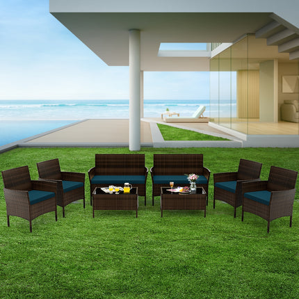 4 Piece Patio Rattan Conversation Set with Cozy Seat Cushions-Peacock Blue
