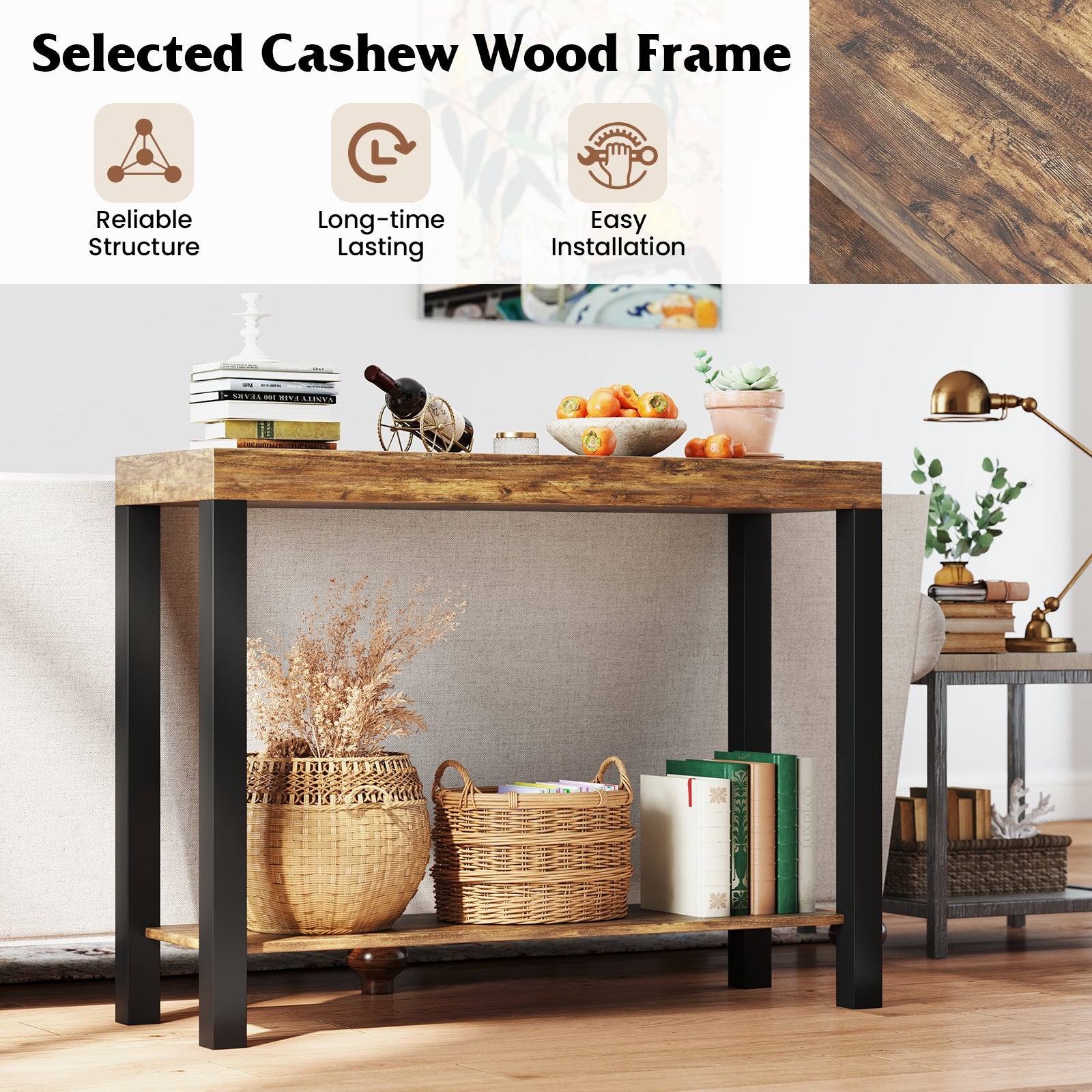 2-Tier Home Bar Table with Open Shelves and Storage for Home Kitchen Living Room Pub-Rustic Brown