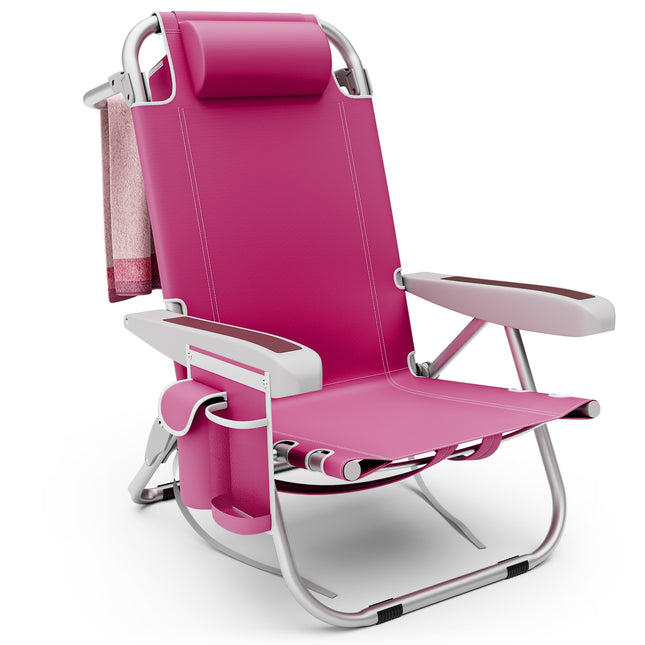1 Piece Foldable Backpack Beach Chair with Cup Holder and Storage Pockets for Outdoor-Pink