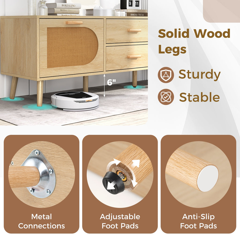 Rattan TV Stand for 65-Inch TV with Drawers and Solid Wood Legs-Natural