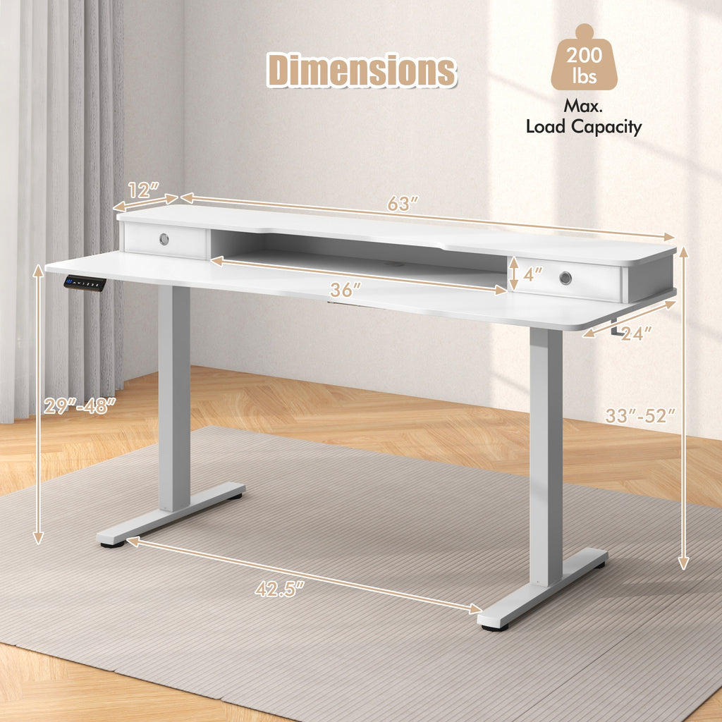 63 Inch x 24 Inch Electric Standing Desk with 2 Drawers-White