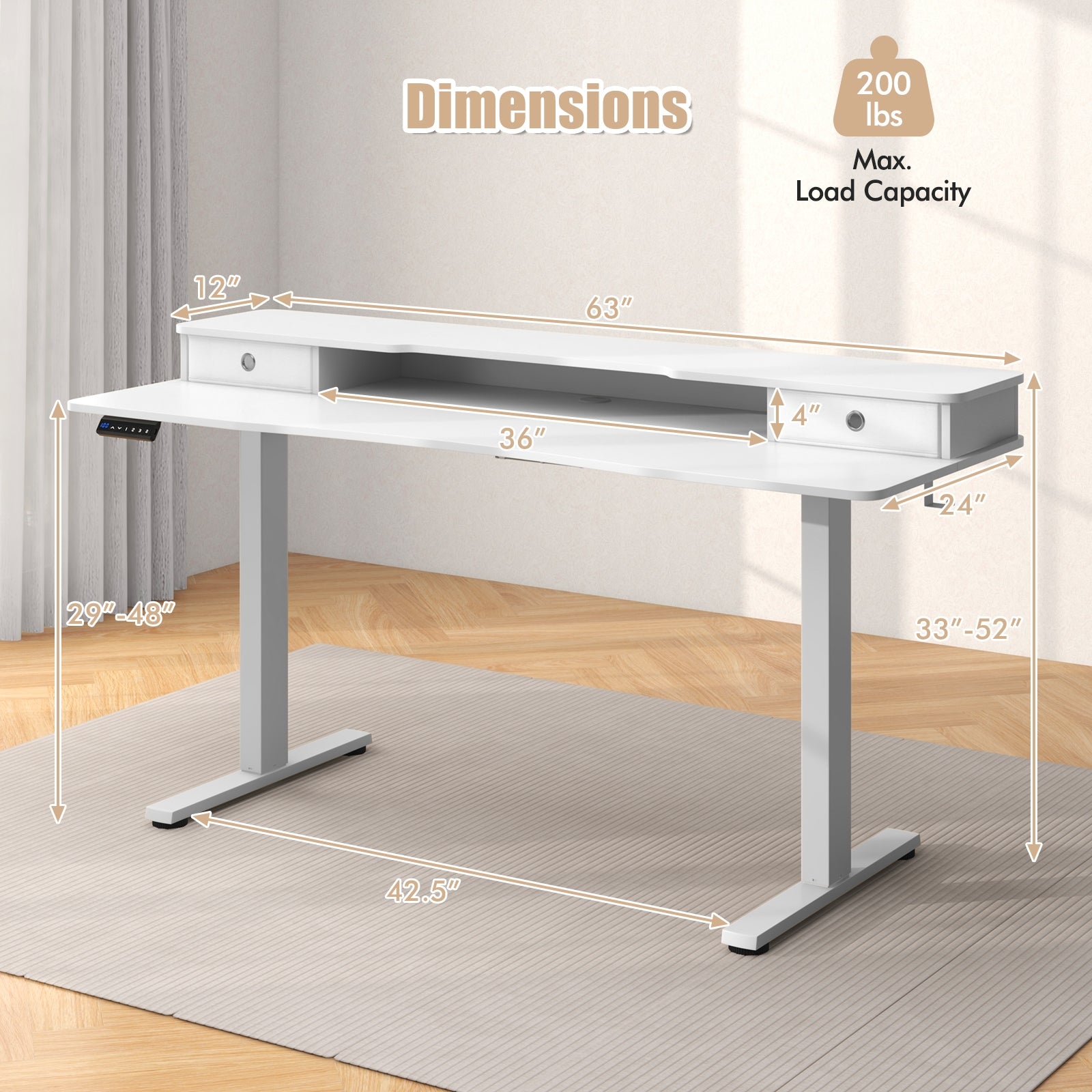 63 Inch x 24 Inch Electric Standing Desk with 2 Drawers-White
