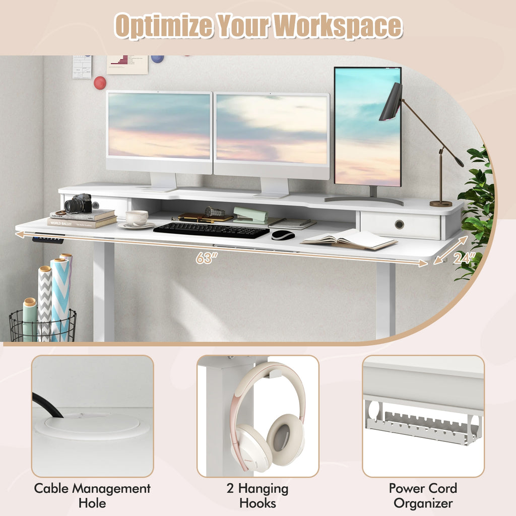 63 Inch x 24 Inch Electric Standing Desk with 2 Drawers-White