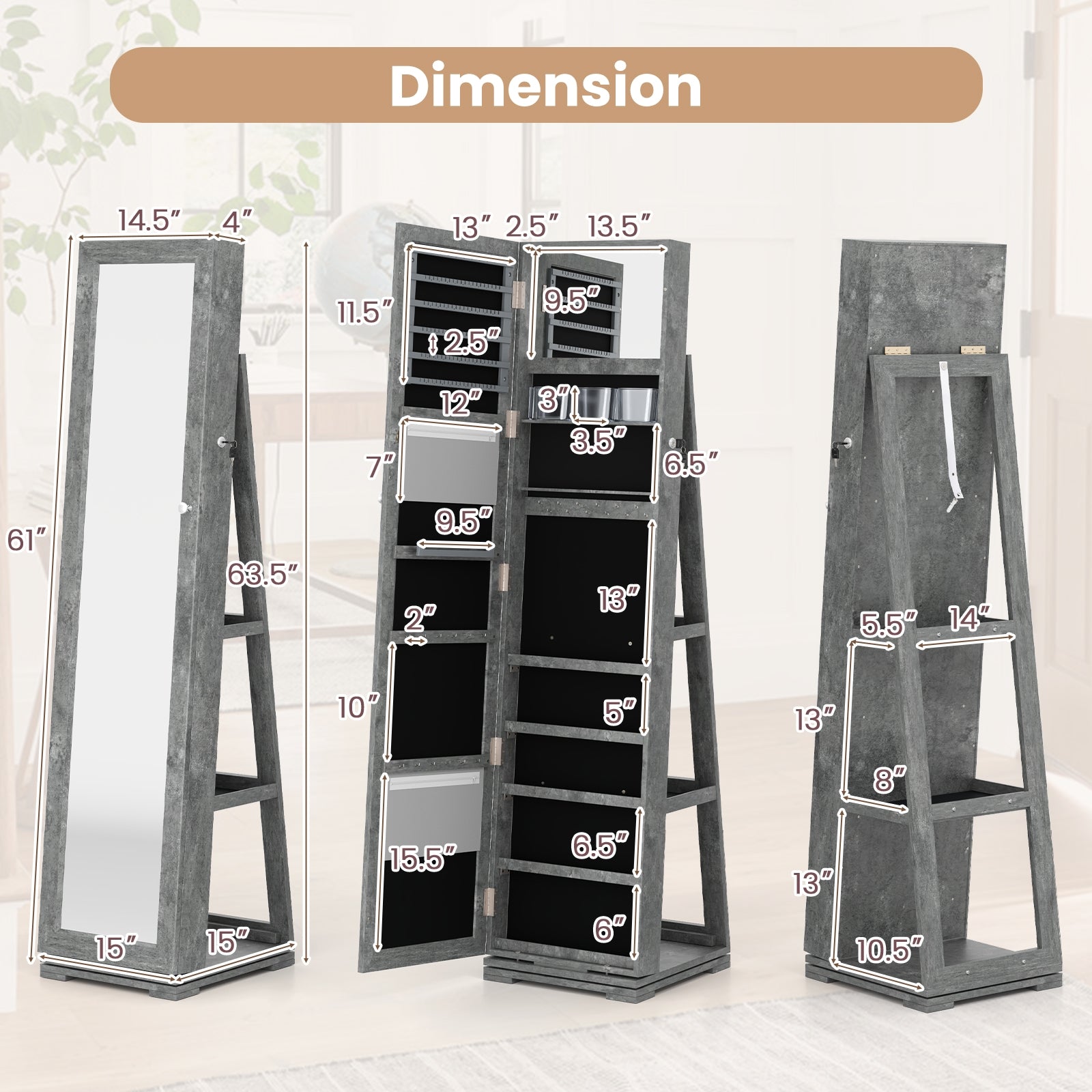 360° Rotatable 2-in-1 Lockable Jewelry Cabinet with Full-Length Mirror-Green