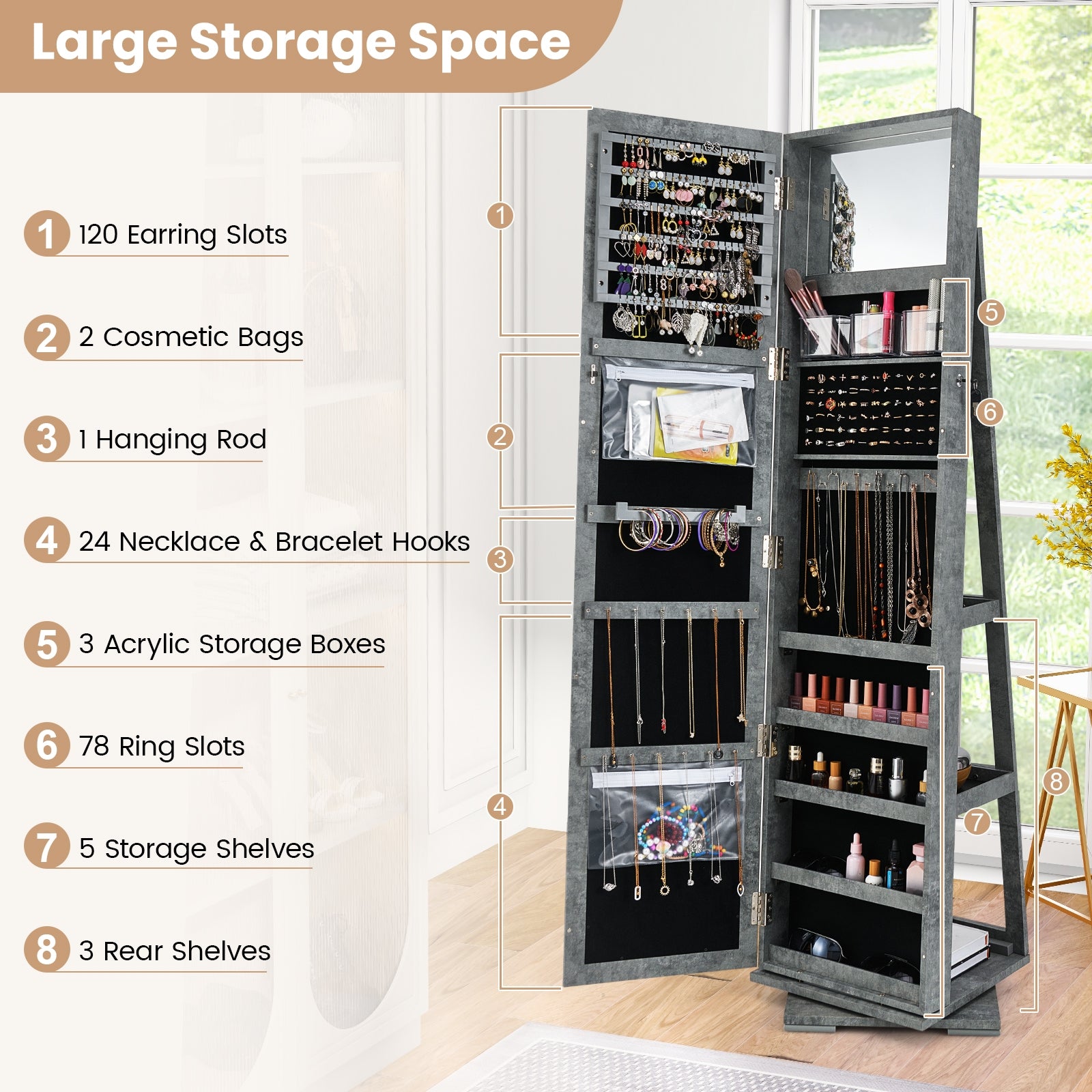 360° Rotatable 2-in-1 Lockable Jewelry Cabinet with Full-Length Mirror-Green