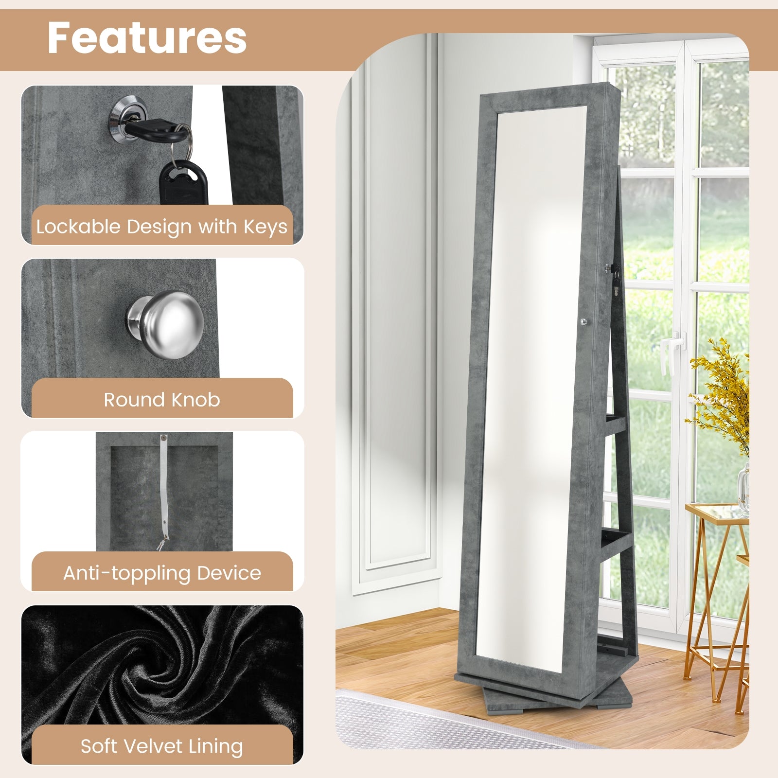 360° Rotatable 2-in-1 Lockable Jewelry Cabinet with Full-Length Mirror-Green