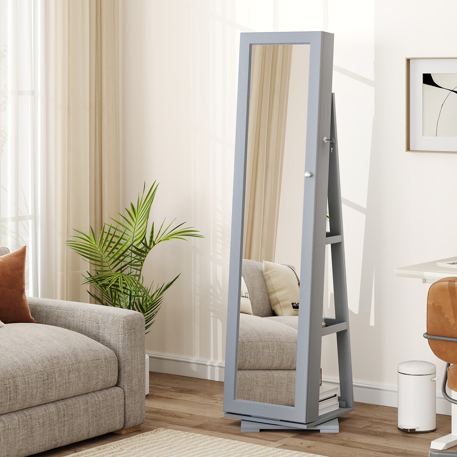360° Rotatable 2-in-1 Lockable Jewelry Cabinet with Full-Length Mirror-Gray