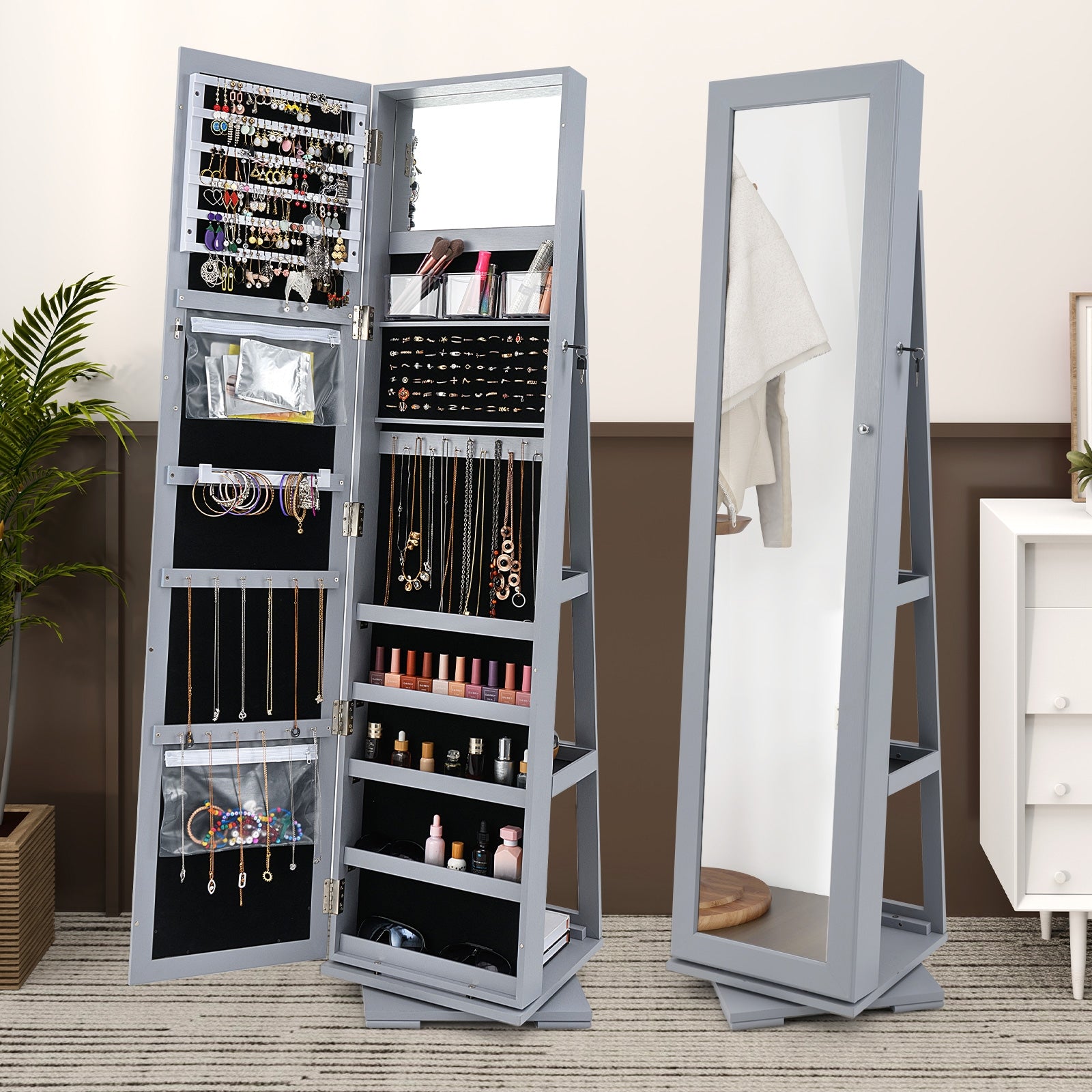 360° Rotatable 2-in-1 Lockable Jewelry Cabinet with Full-Length Mirror-Gray