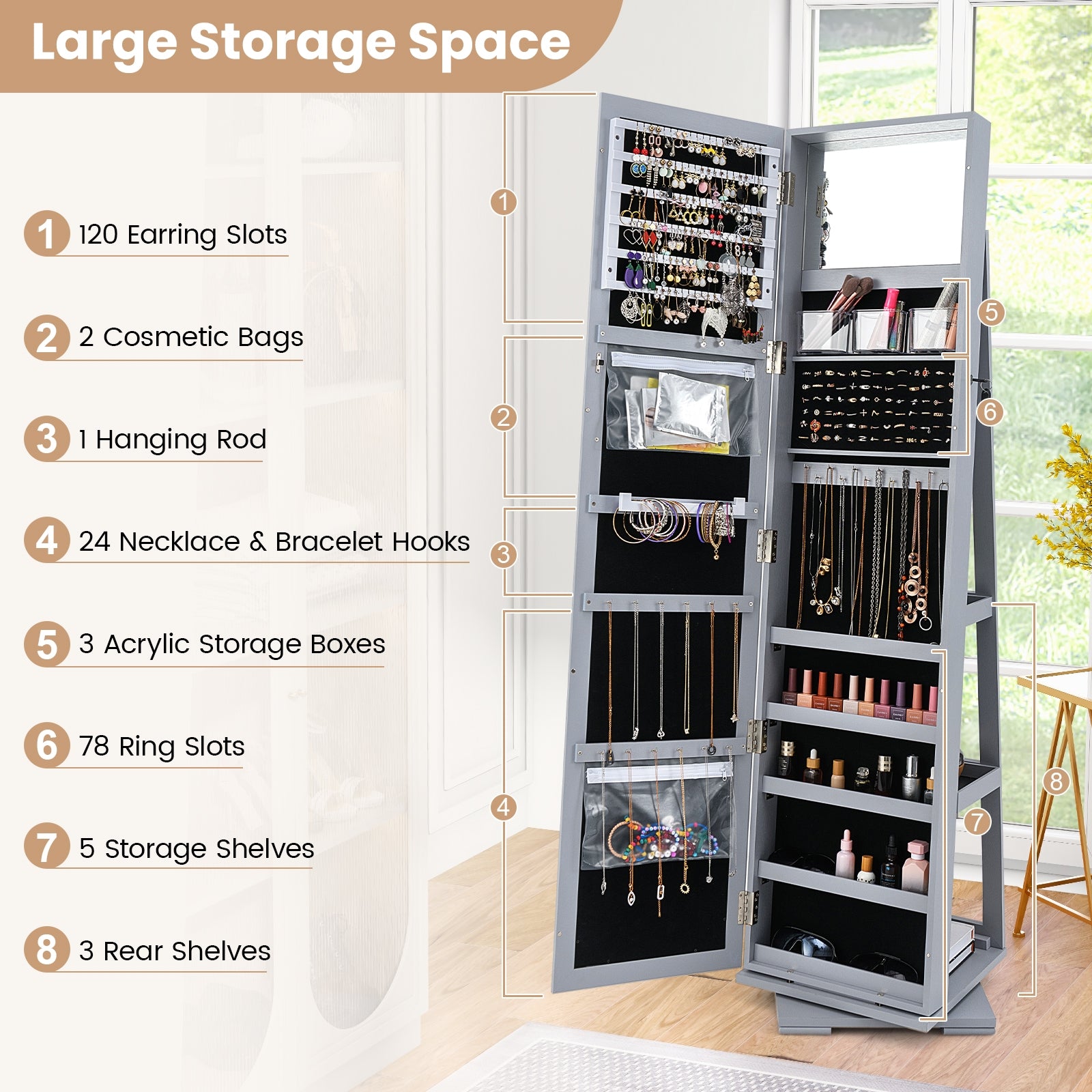 360° Rotatable 2-in-1 Lockable Jewelry Cabinet with Full-Length Mirror-Gray