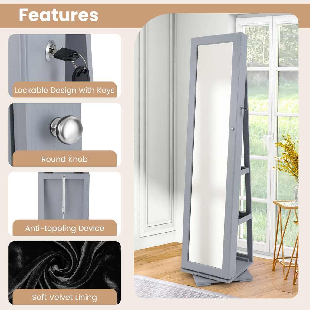 360° Rotatable 2-in-1 Lockable Jewelry Cabinet with Full-Length Mirror-Gray
