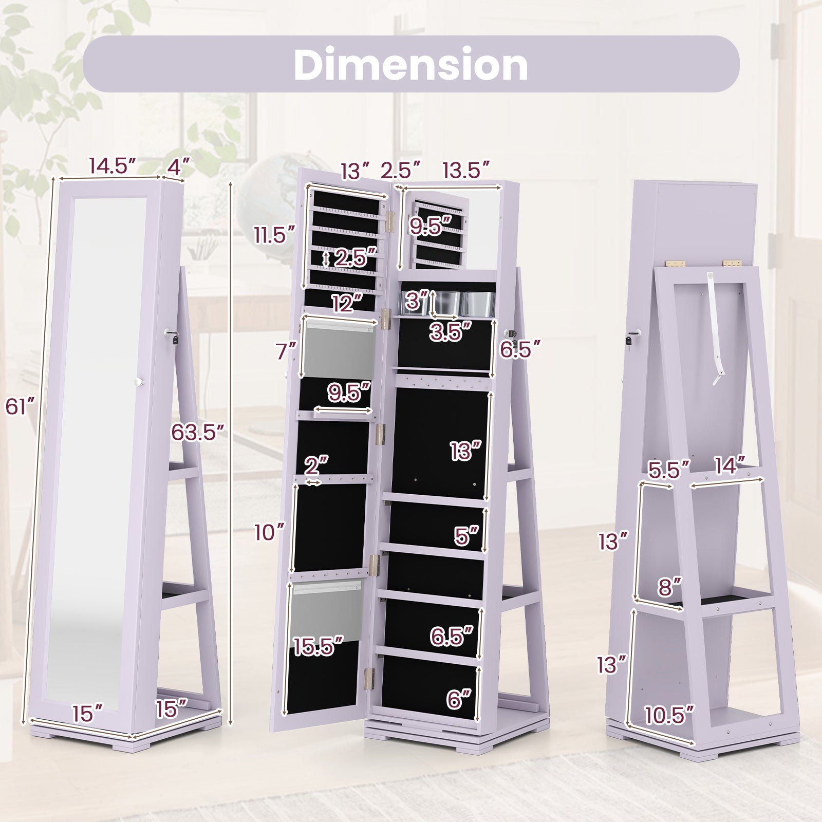 360° Rotatable 2-in-1 Lockable Jewelry Cabinet with Full-Length Mirror-Purple