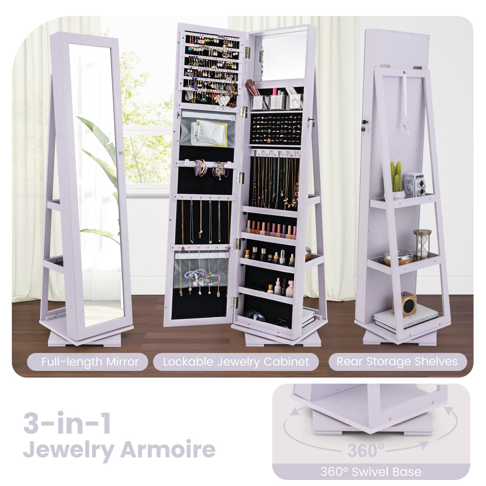 360° Rotatable 2-in-1 Lockable Jewelry Cabinet with Full-Length Mirror-Purple