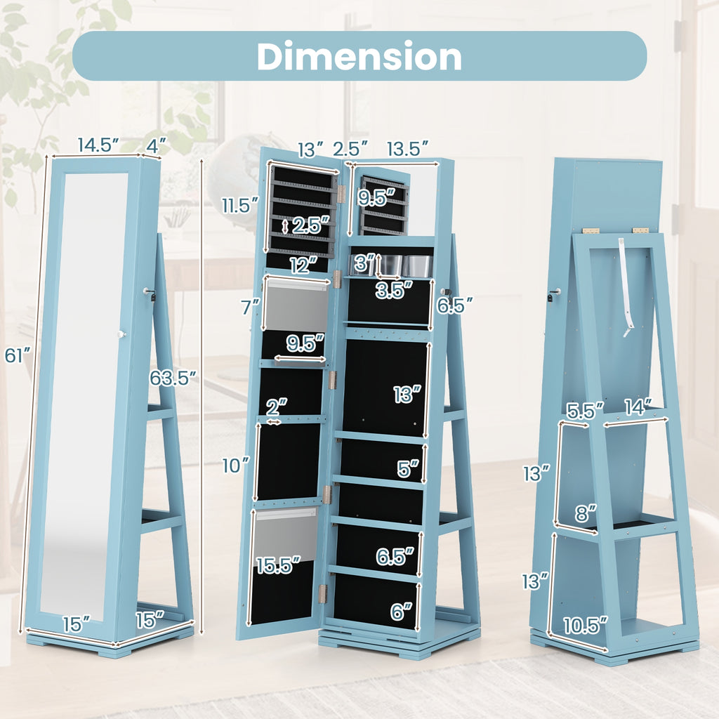 360° Rotatable 2-in-1 Lockable Jewelry Cabinet with Full-Length Mirror-Blue