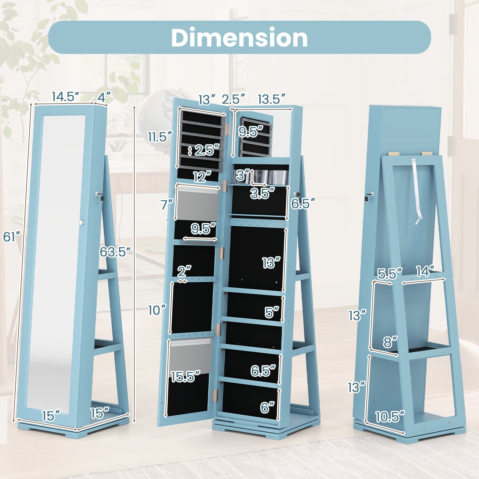 360° Rotatable 2-in-1 Lockable Jewelry Cabinet with Full-Length Mirror-Blue