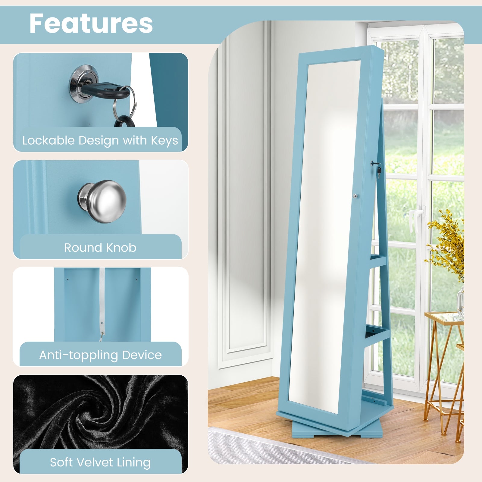 360° Rotatable 2-in-1 Lockable Jewelry Cabinet with Full-Length Mirror-Blue