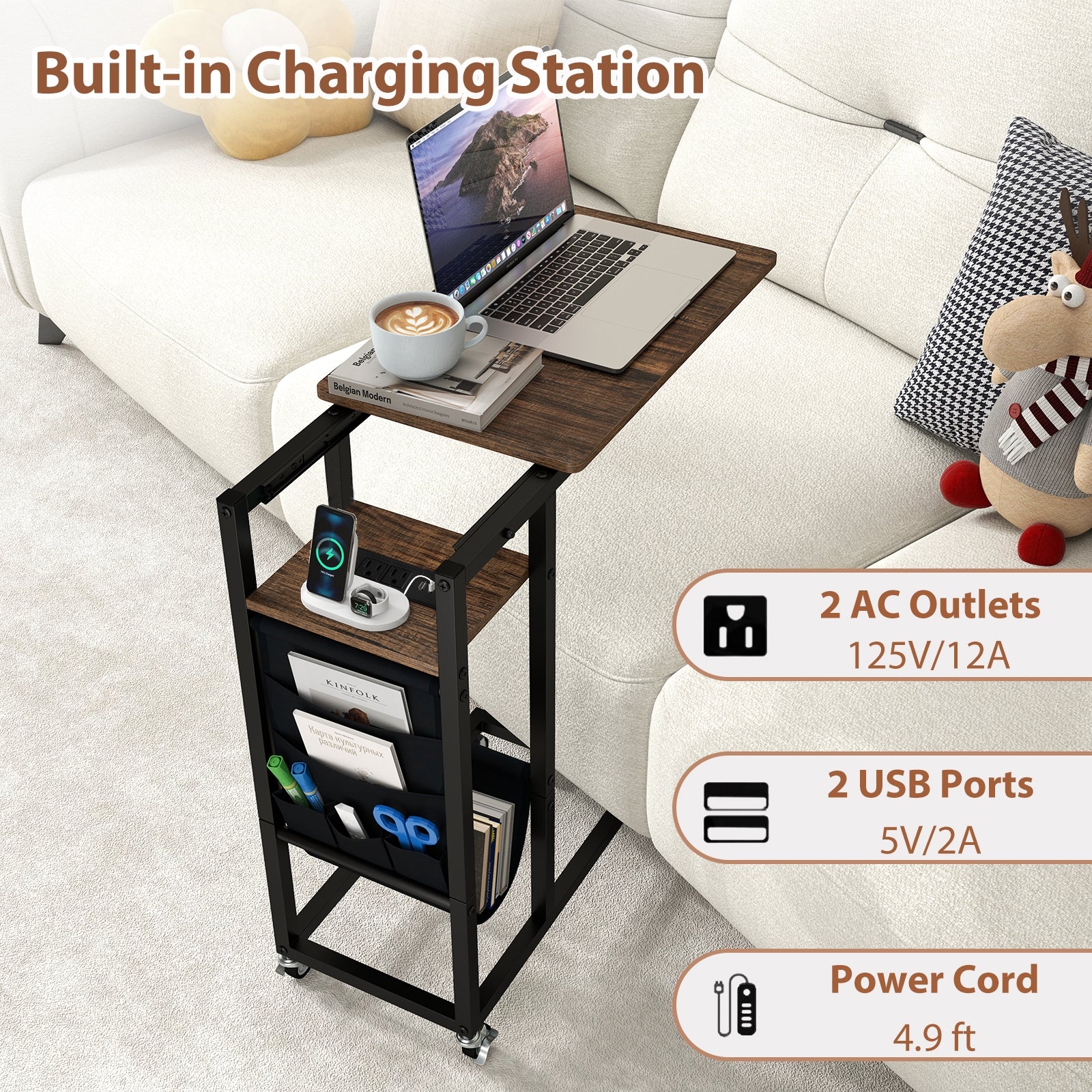 C-shaped End Table with Charging Station and Retractable Tabletop-Coffee