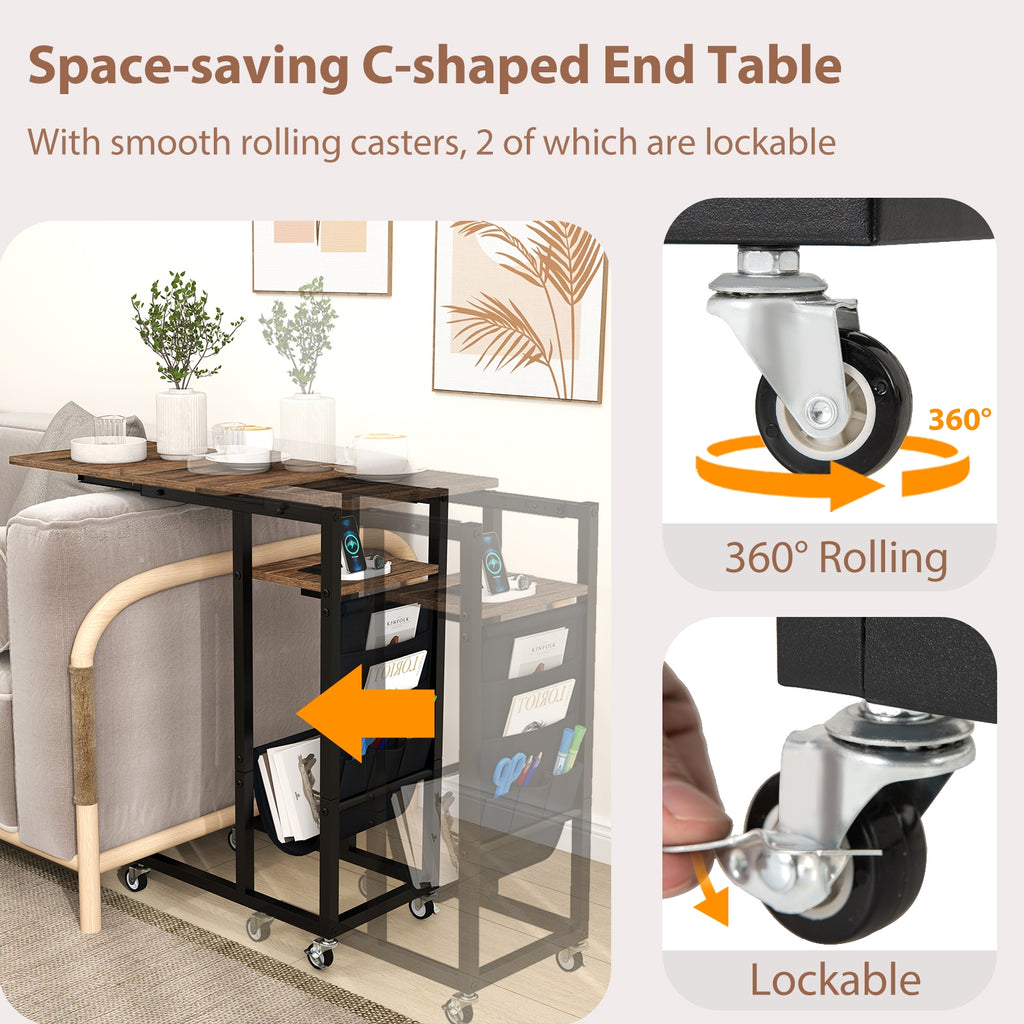 C-shaped End Table with Charging Station and Retractable Tabletop-Coffee