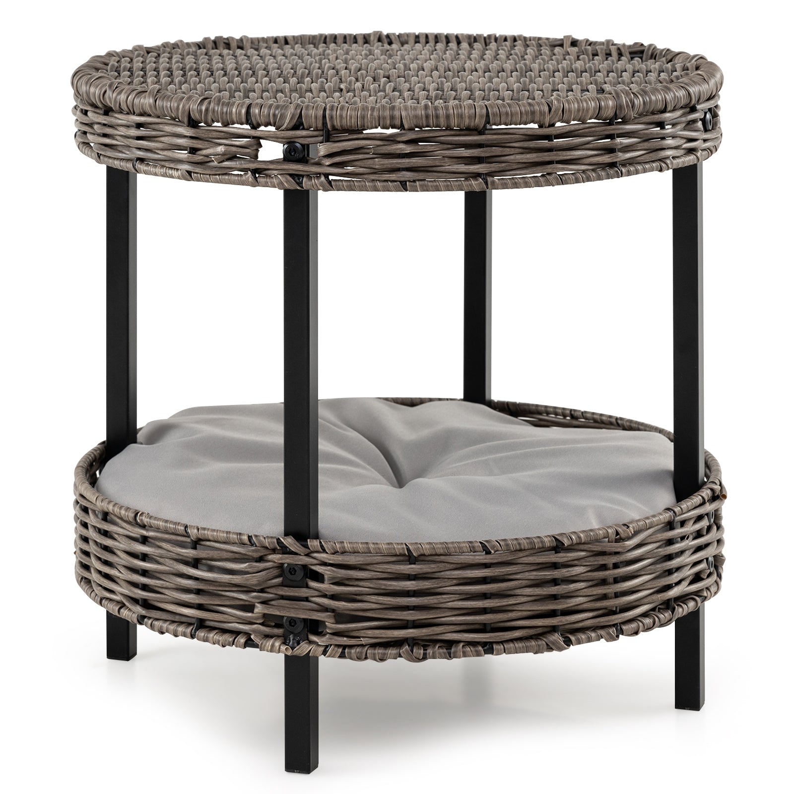 2-tier Rattan Cat Nest with Removable Padded Cushion-Gray
