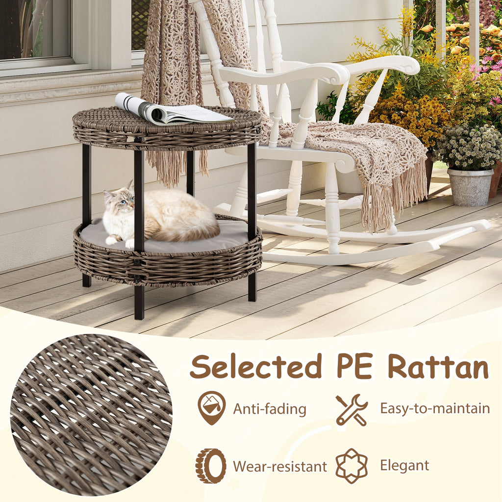 2-tier Rattan Cat Nest with Removable Padded Cushion-Gray