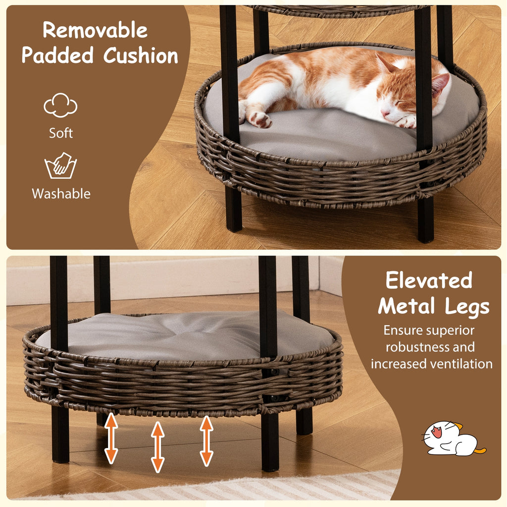 2-tier Rattan Cat Nest with Removable Padded Cushion-Gray