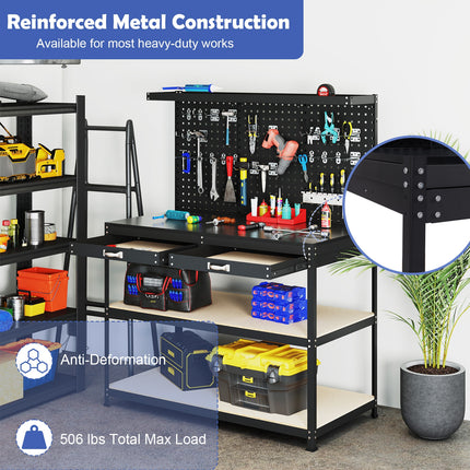 48 x 24 Inch Workbench Work Table with 3 PCs Pegboard Drawer and Shelves-Black