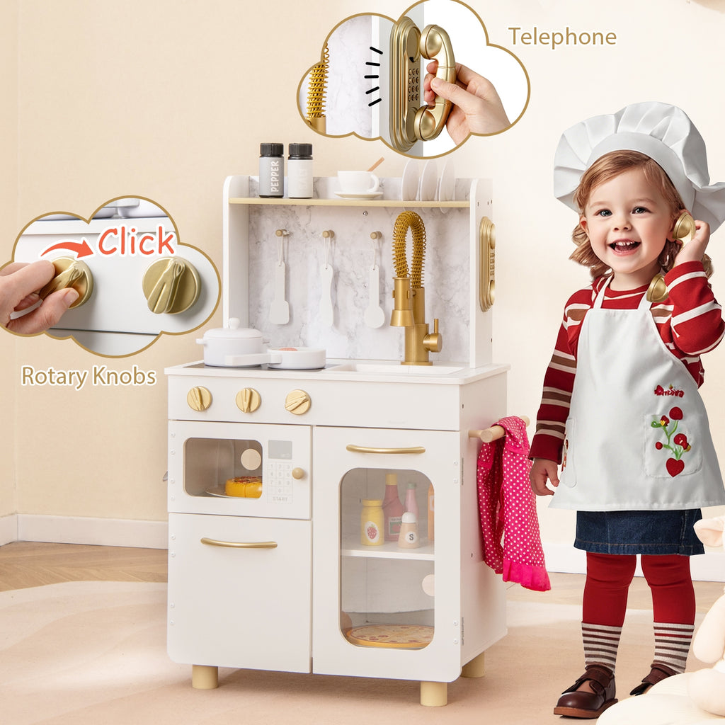 Kids Kitchen Set Pretend Play Kitchen with Stoves Faucet Sink Telephone Microwave and Oven-White