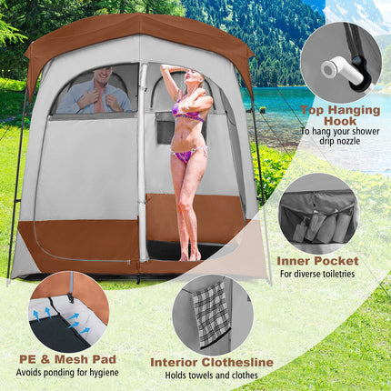 2 Rooms Oversize Privacy Shower Tent with Removable Rain Fly and Inside Pocket-Brown