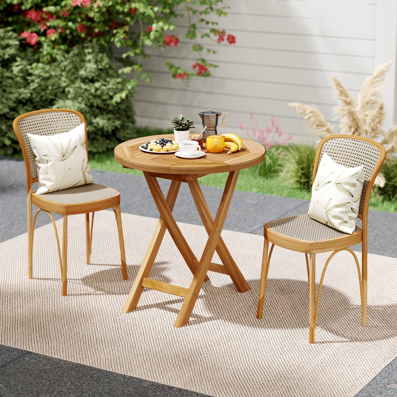Patio Teak Wood Dining Table with Slatted Tabletop and Sturdy X-Shaped Frame