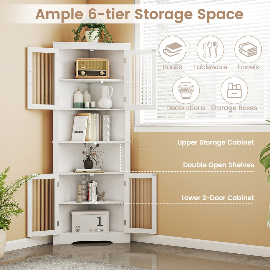 67 Inch Tall Corner Cabinet Triangular Buffet Cabinet with Tempered Glass Doors-White