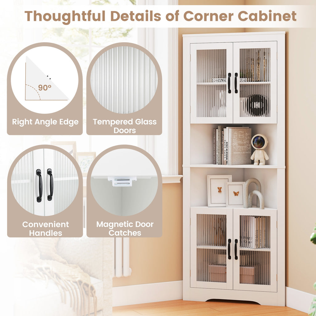 67 Inch Tall Corner Cabinet Triangular Buffet Cabinet with Tempered Glass Doors-White