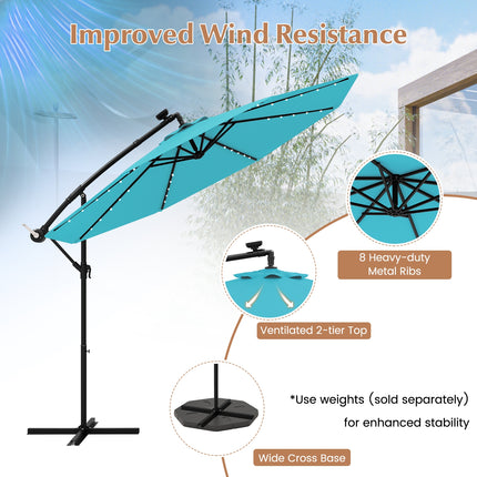 10 Feet Solar LED Offset Umbrella with 40 Lights and Cross Base for Patio-Turquoise